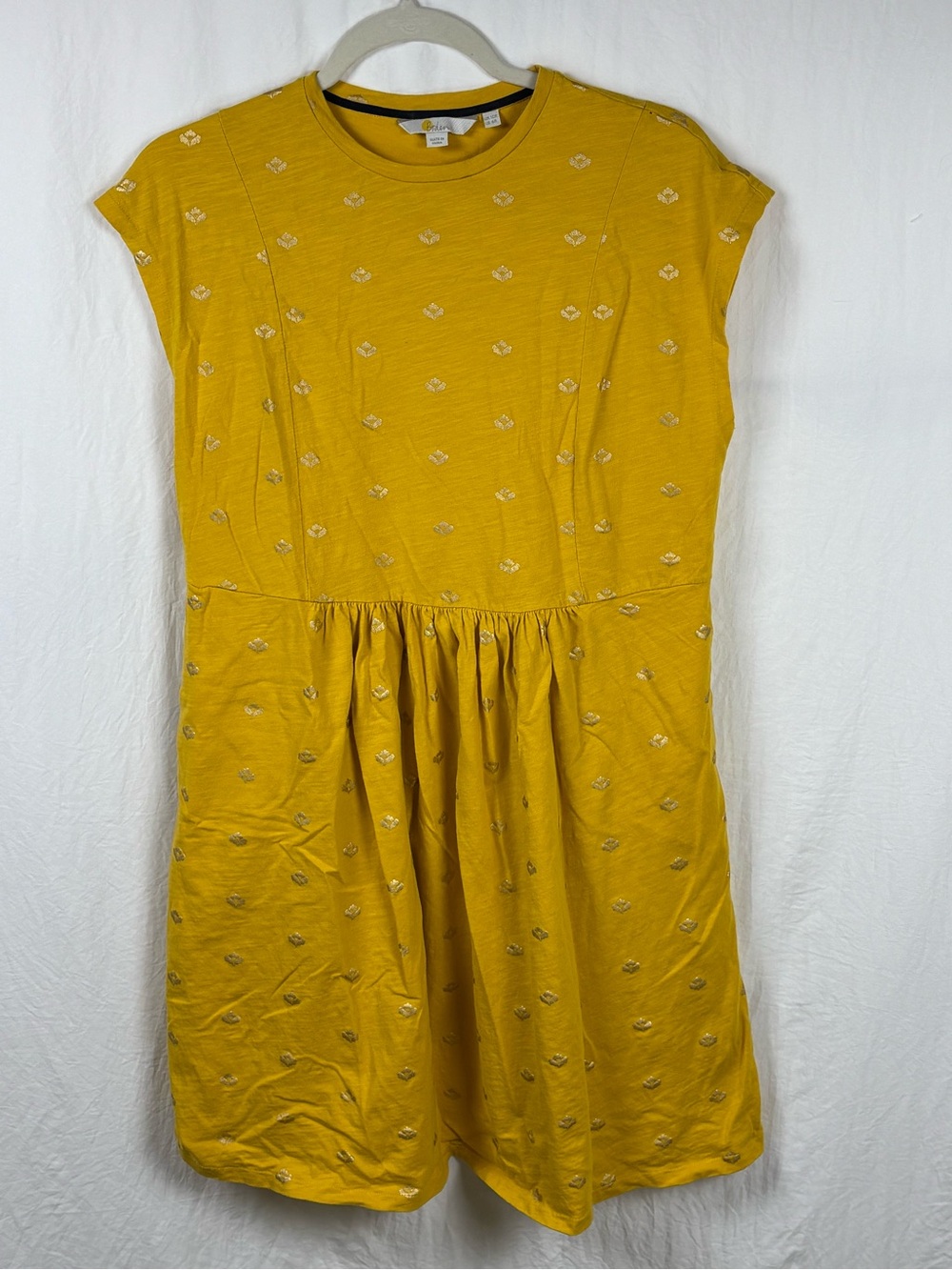 Boden women’s 6 R Mustard Yellow Embroidered Gathered-Waist Midi Dress